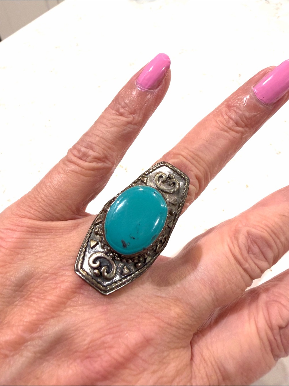 Turquoise Stone Silver-Tone Statement Ring - Blue